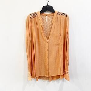 Free People “The Best” Crochet Button Down Blouse in Orange Size Small